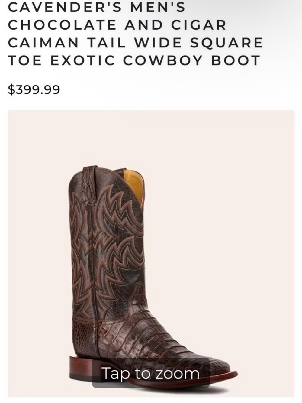Cavender's Men's Chocolate Caiman Tail Wide Square Toe Cowboy Boot